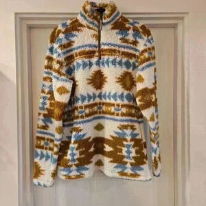 Cabin Fever Ramatex 1/4 Zip Sherpa Pullover White Tan Blue Womens Size Medium